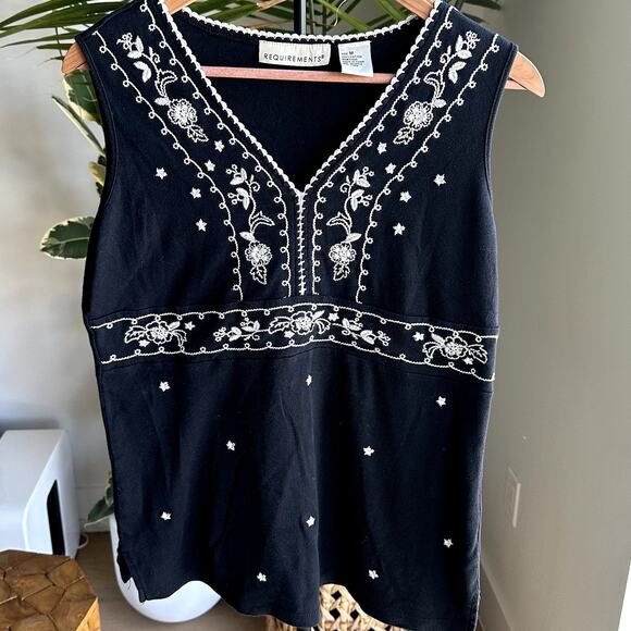 Requirements Tops - Requirements Black Embroidered Boho Tank Top Women M Festival Western Cotton
